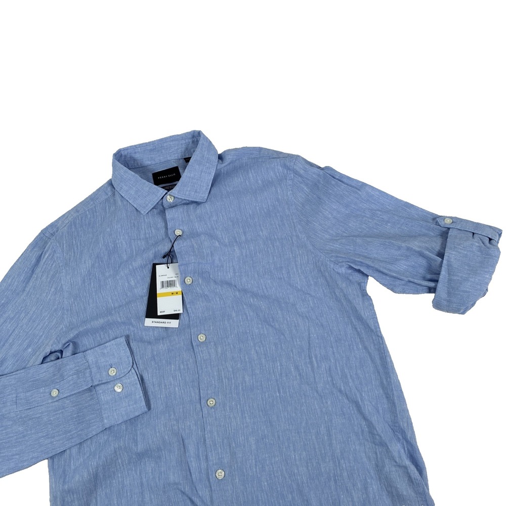 New Mens Perry Ellis Linen Blend Button Up Long Sleeve Shirt Size M Lt Blue NWT